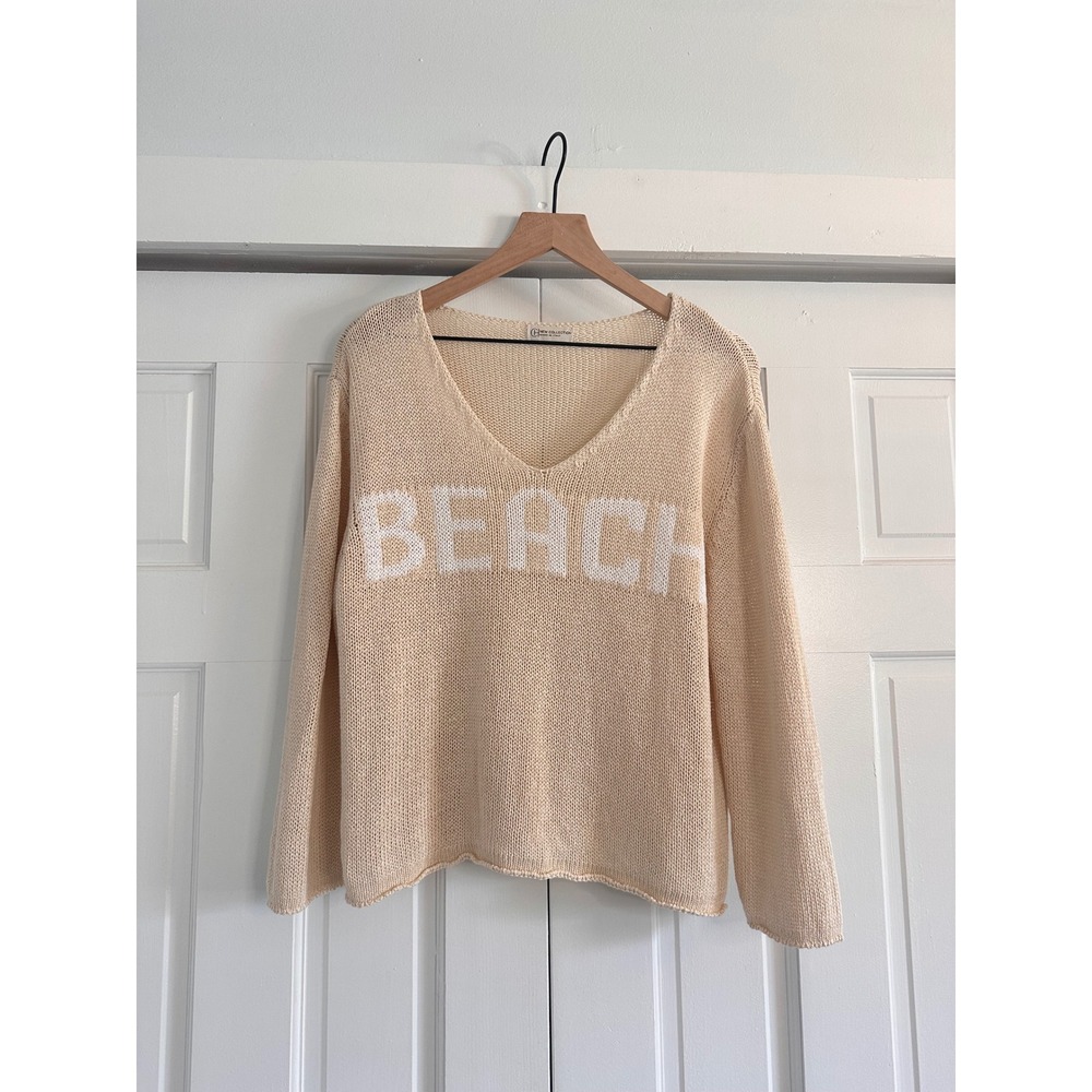 GH New Collection Italy Cream Beach Graphic V-Neck Open Knit Sweater Top